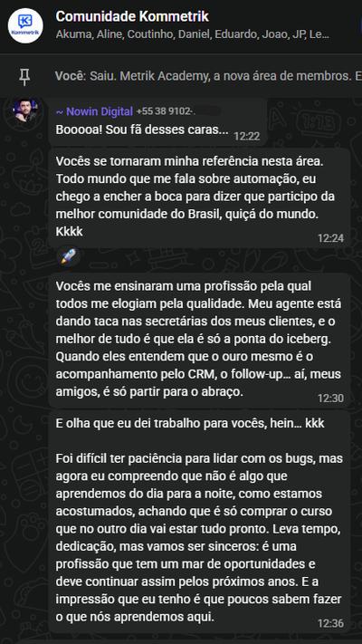 Depoimento real de cliente ou aluno Metrik 1