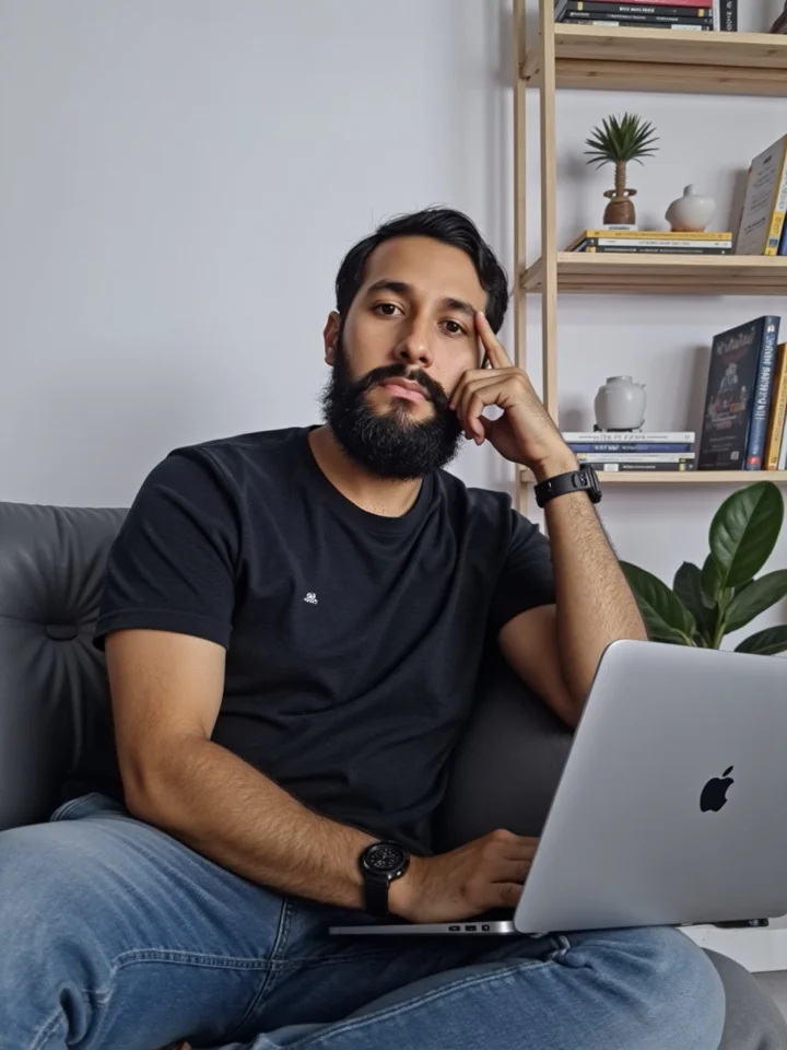 Owen de camiseta, sentado com seu notebook