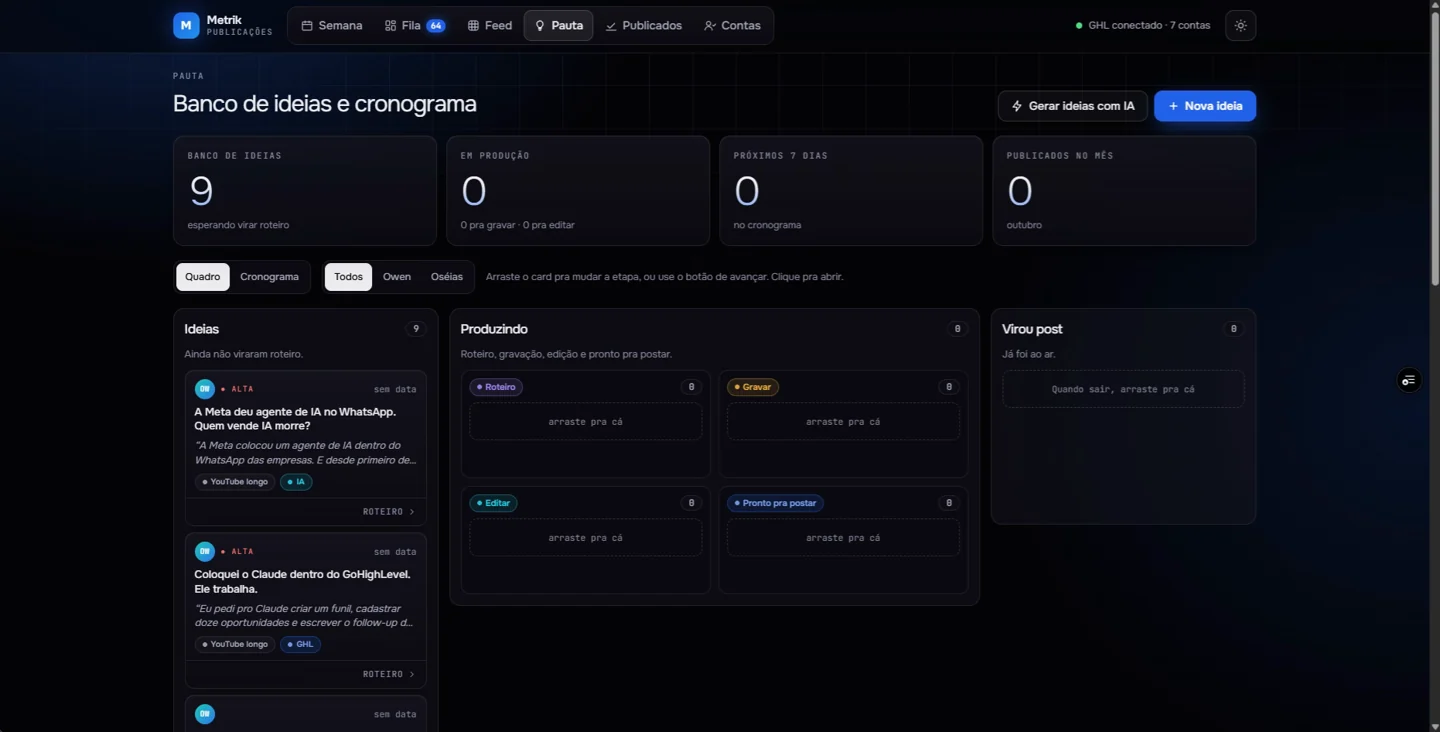 Banco de ideias e cronograma na interface real do produto